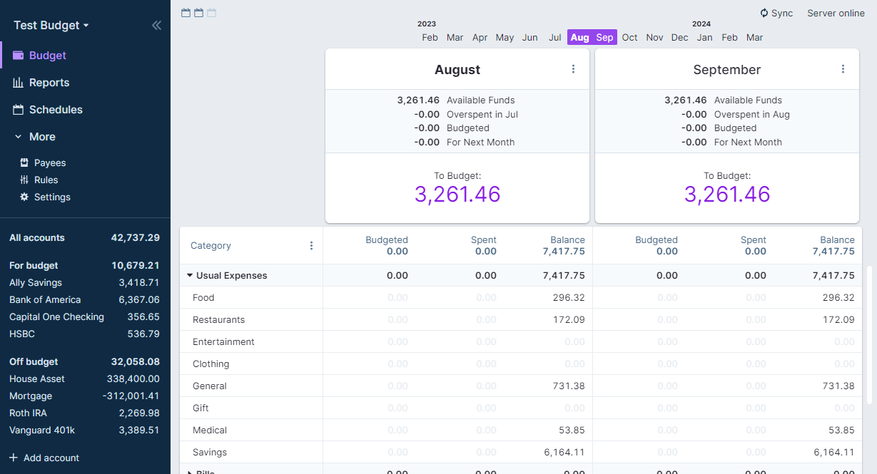 Actual Budget application interface showing envelope-style budgeting