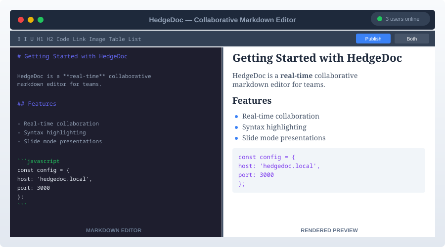 HedgeDoc editor interface showing split-pane markdown editing with live preview