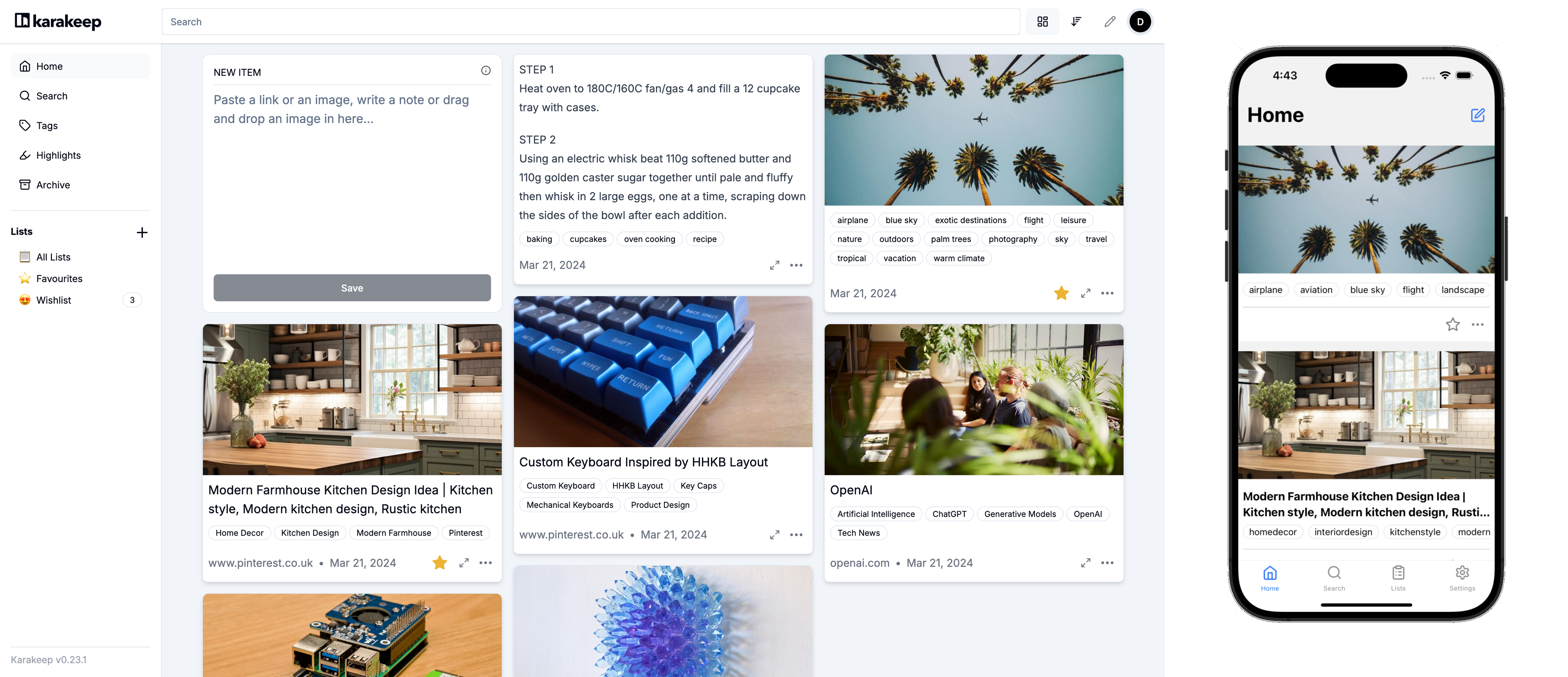 Hoarder bookmark manager dashboard showing saved bookmarks and tags