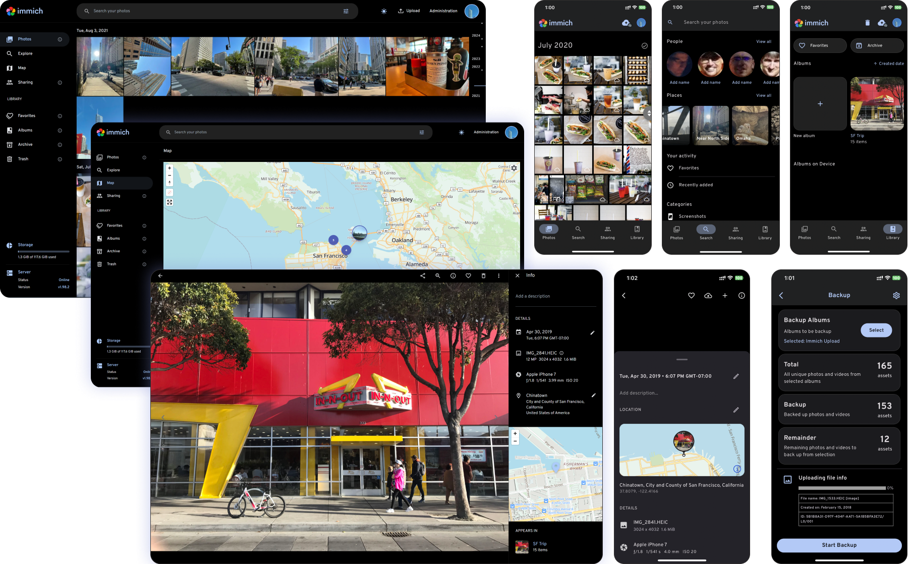Immich interface screenshots showing the photo timeline, mobile app, and web UI