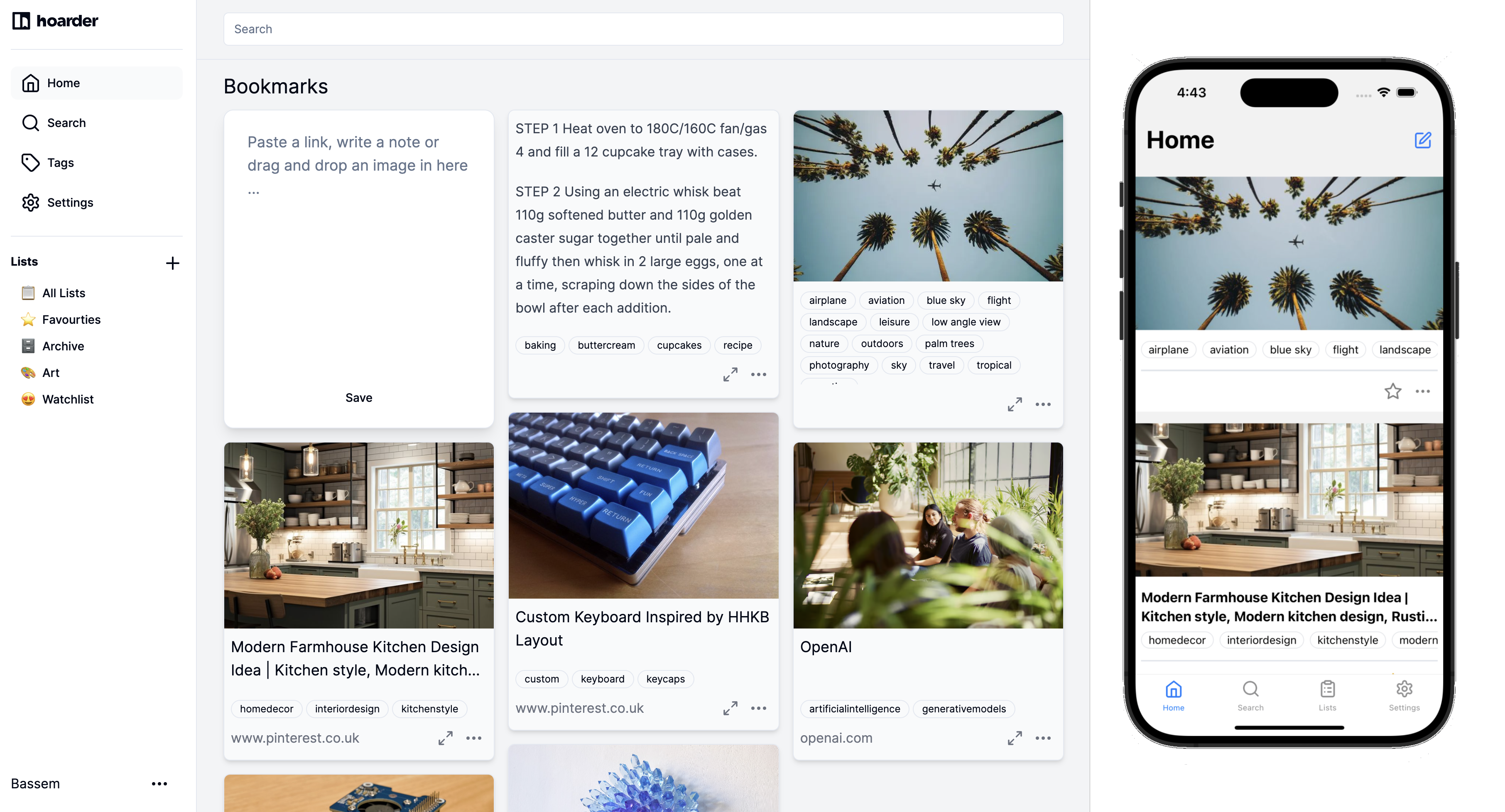 Karakeep bookmark manager dashboard showing saved links with AI-generated tags