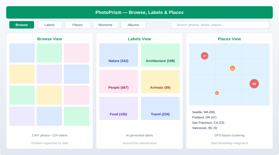 PhotoPrism browse view showing automatic labels, places, and moments organization